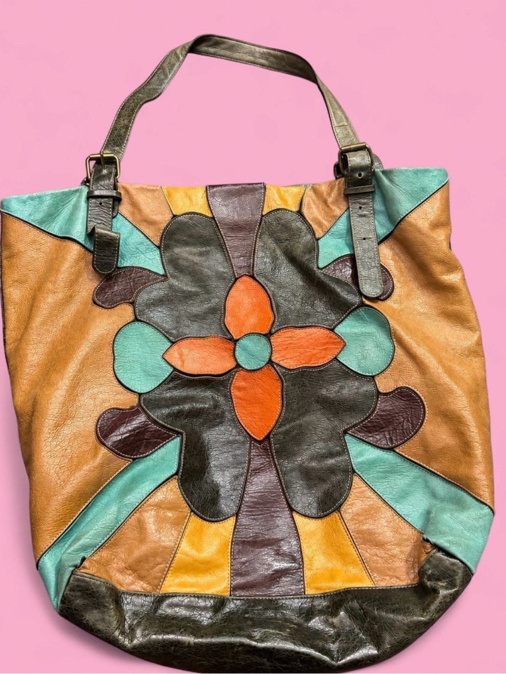 Sabina New York Genuine Leather Patchwork Floral Boho Tote Bag